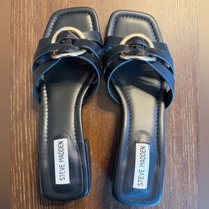 Steve Madden Black Slide Mules with Gold Ring Accent